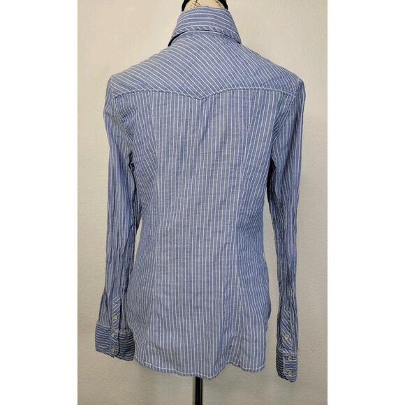 Guess Los Angeles Shirt Womens SZ M Blue White Striped Long sleeve Snap Pocket - Picture 6 of 13